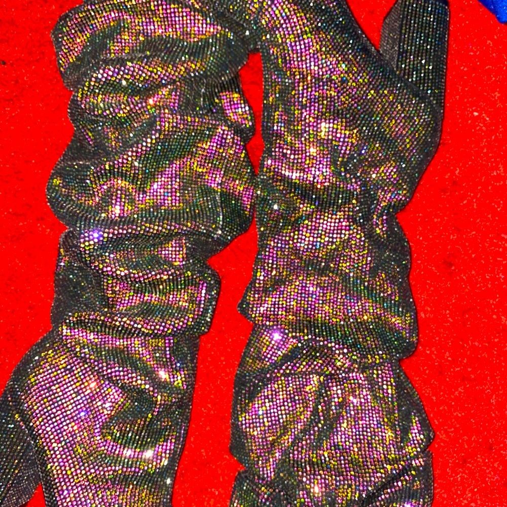 Holographic rhinestone slouch boots